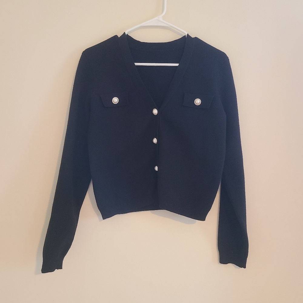 Black Cashmere Cardigan with Pearl Buttons